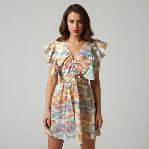 2/$30 Zinco Ruffle Flutter Short Sleeve Multi Color Tie Dye Romper with Pockets